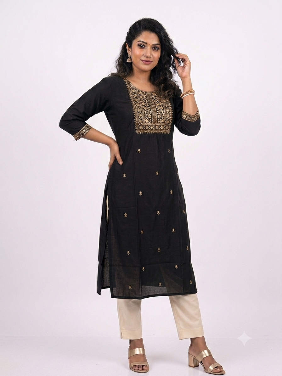 Jaipur Silk Kurti with Golden Yoke Embroidery – ₹399
