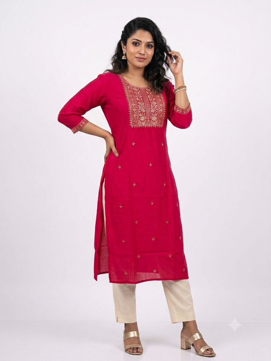 Jaipur Silk Kurti with Golden Yoke Embroidery – ₹399