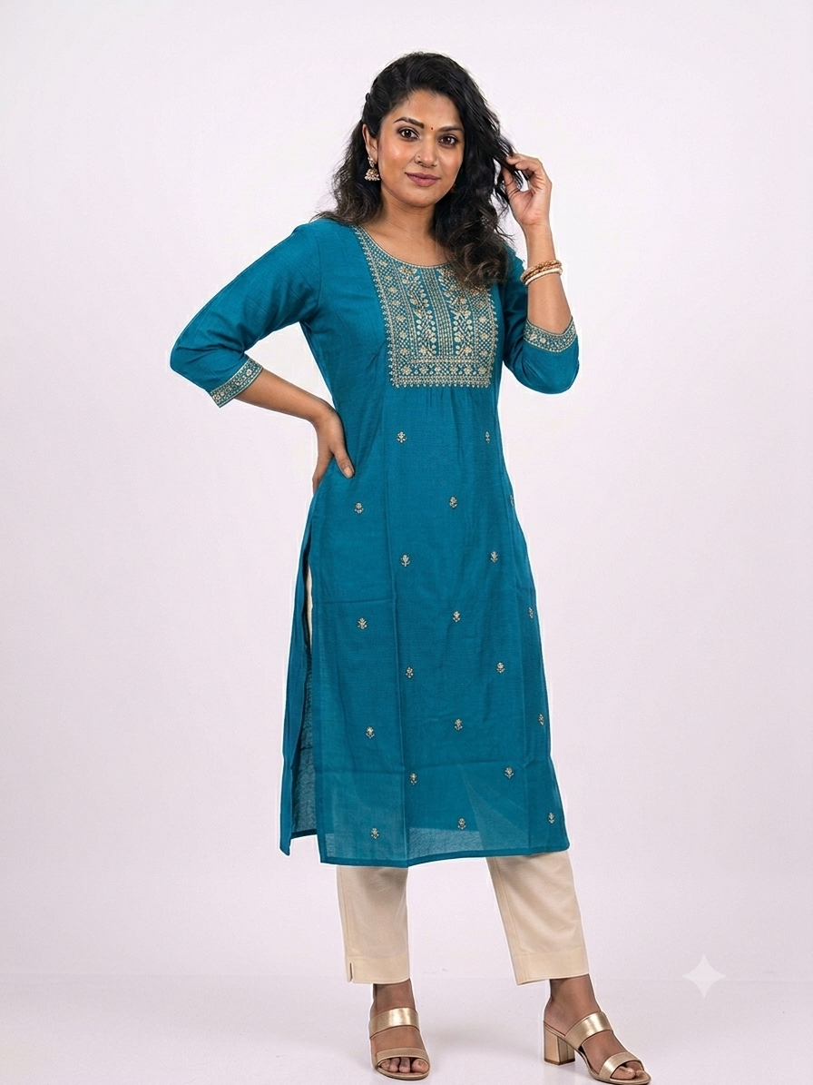 Jaipur Silk Kurti with Golden Yoke Embroidery – ₹399