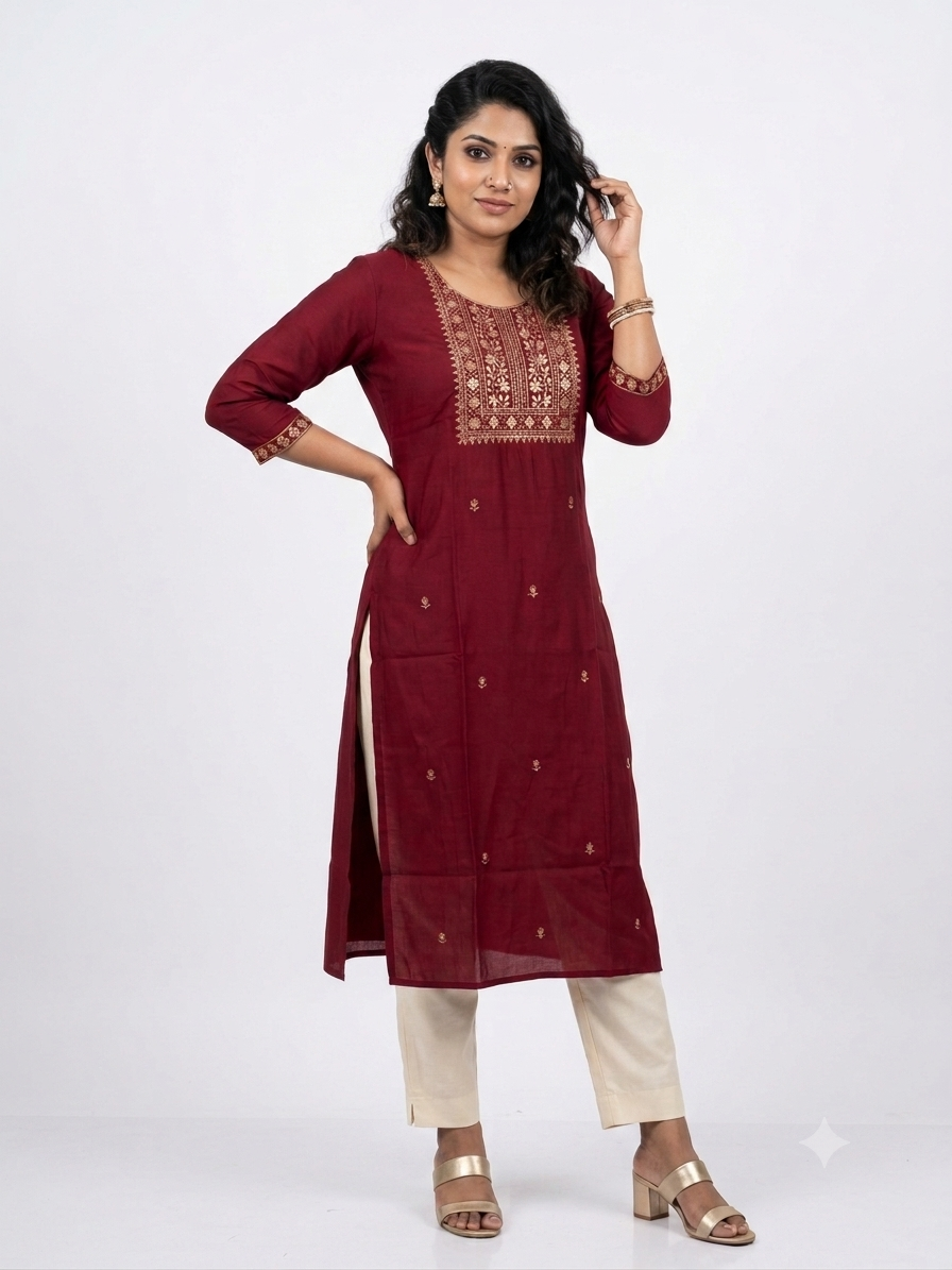 Jaipur Silk Kurti with Golden Yoke Embroidery – ₹399