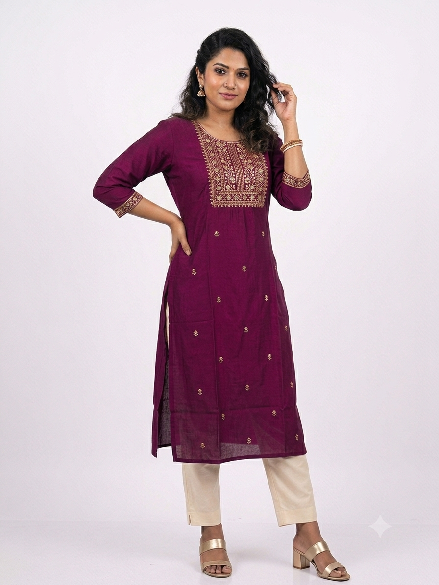 Jaipur Silk Kurti with Golden Yoke Embroidery – ₹399